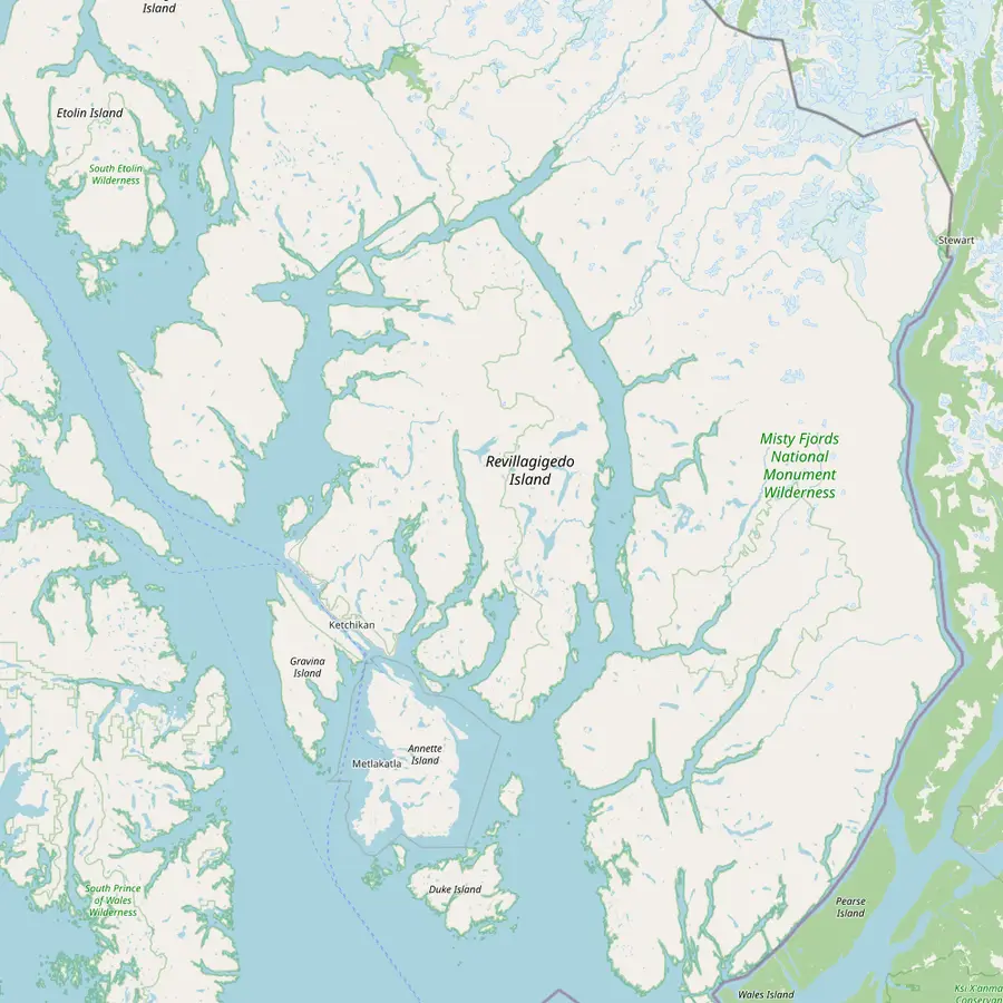 Map of the Ketchikan area with Revillagigedo Island, Behm Canal and Misty Fjords National Monument Wilderness to the east, pins on Berth 2, Ward Cove, New Eddystone Rock, Punchbowl Cove, Rudyerd Bay and Walker Cove