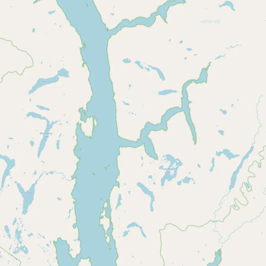 Map of Behm Canal and Rudyerd Bay with New Eddystone Rock, Punchbowl Cove, Punchbowl Lake and Nooya Lake